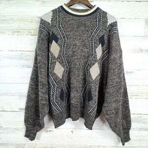 Vintage Playboy Argyle Suede Patch Sweater Mens XL‎ Brown Black Knitwear Grandpa